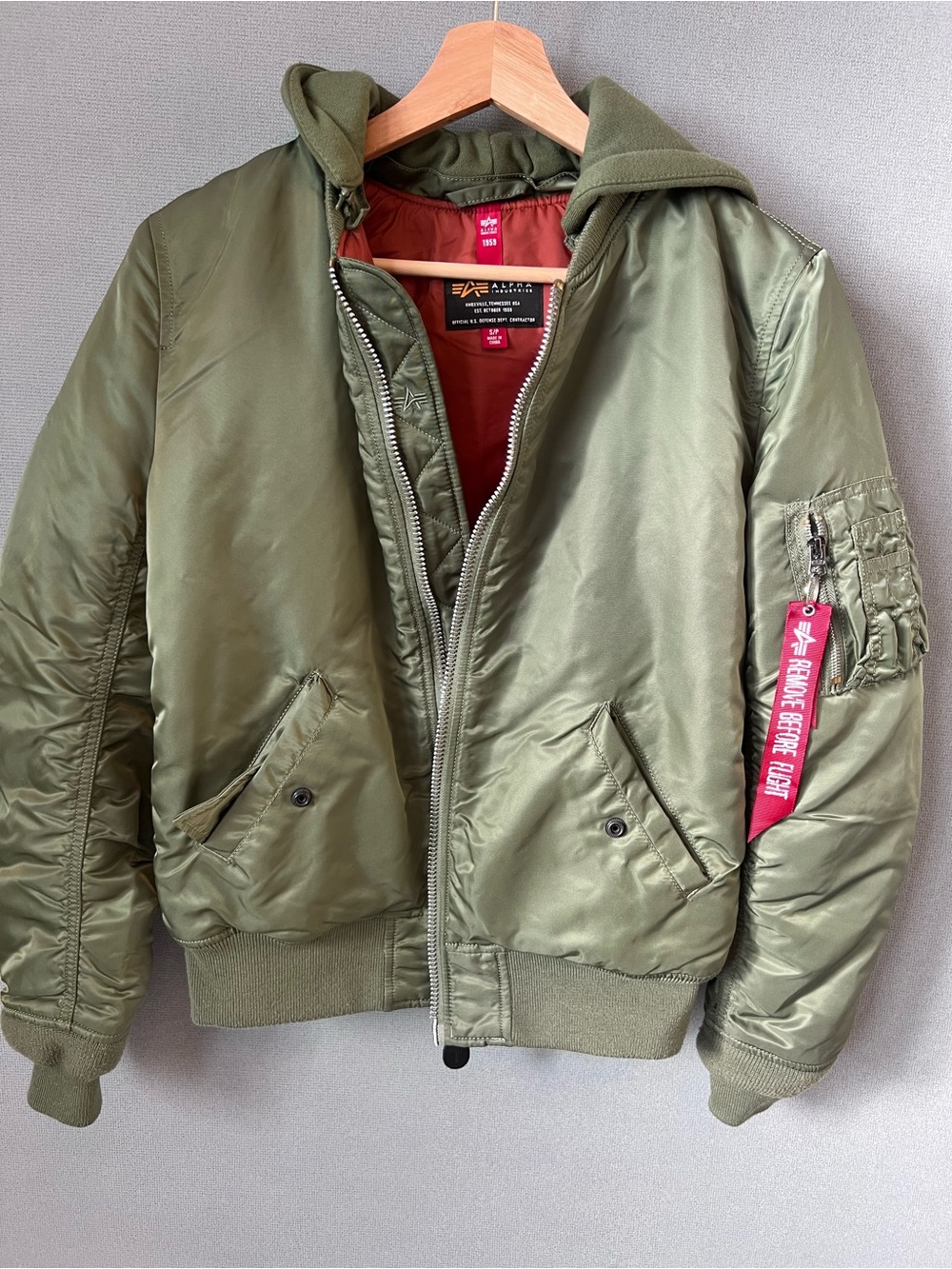Alpha Industries Olive Green Bomber Jacket with Red Sleeve Tag